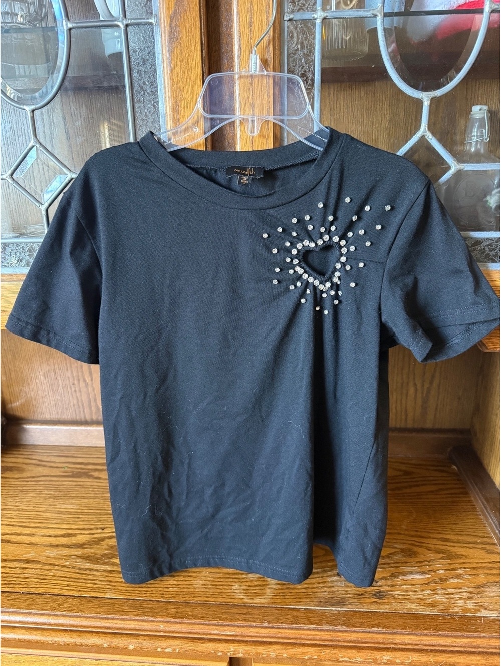 On Twelfth Black Rhinestone Heart Cutout Tee S Sparkle Crystal Top